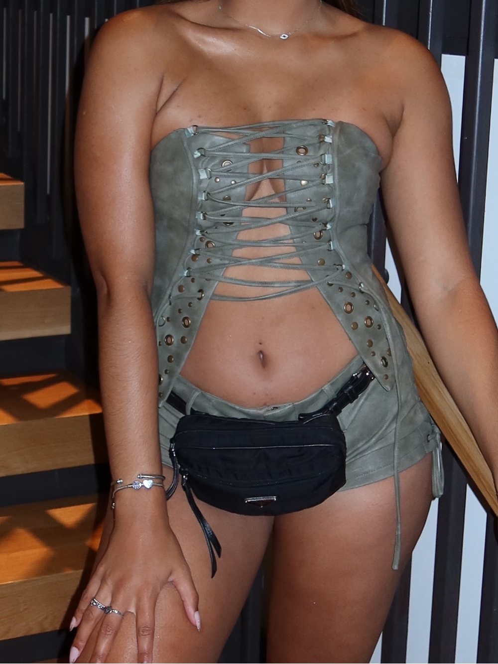 Strapless Lace-Up Bandeau Top in Olive Green